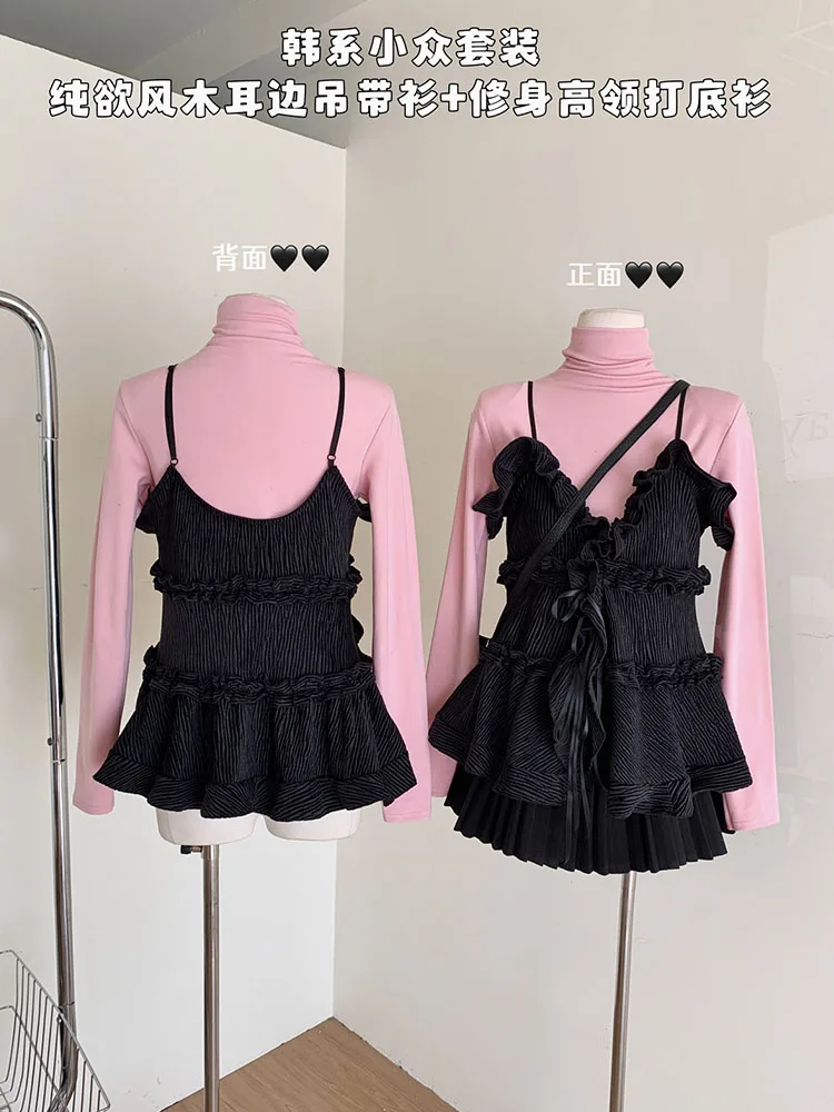 2000s Aesthetics Outfits 2 Piece Set Black Camisole Agaric Lace + Gyaru Turtleneck Slim Crop Tops Simple Women High Quality Tide