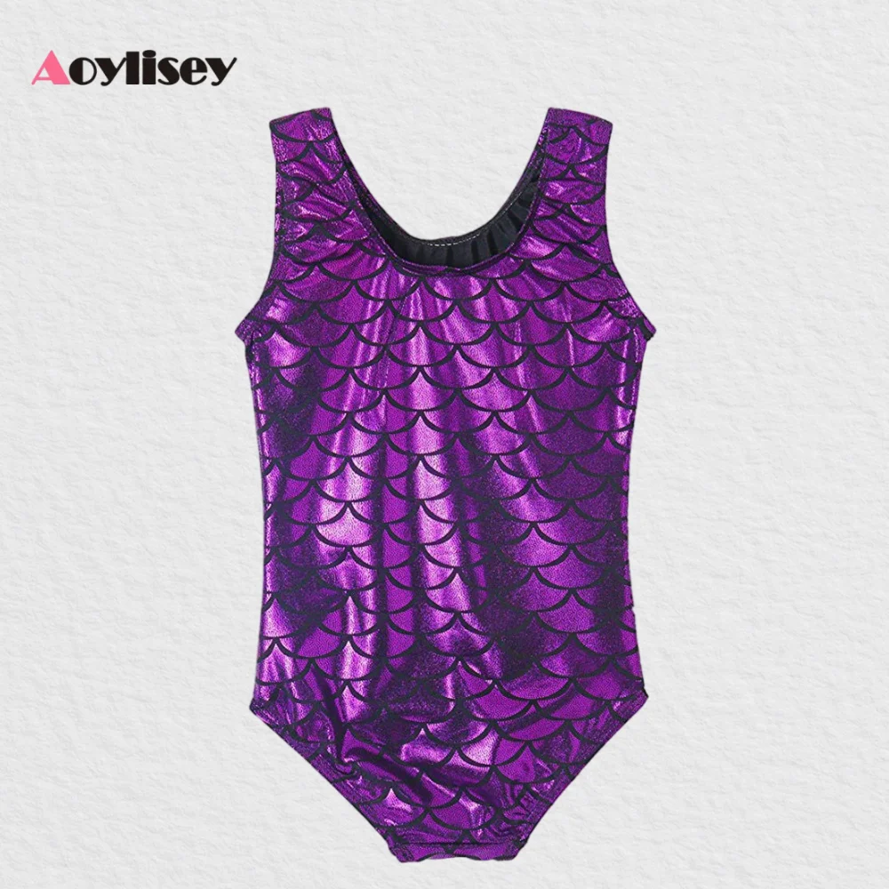 여아 물고기 비늘 프린트 발레 댄스 레오타드 어린이 스판덱스 반짝이는 메탈릭 체조복 댄스웨어 공연 의상