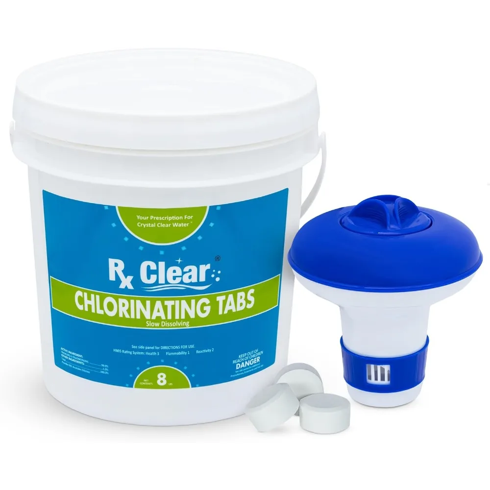Rx Clear 1 Inch Chlorine Tablets 8 Lbs Disinfectant Algaecide For Swimming Pool Purification With Small Floating Chemical Dis