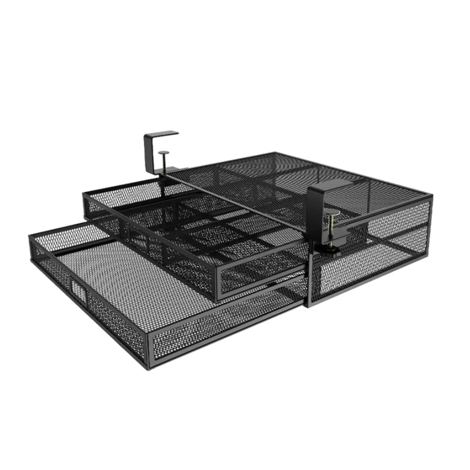 Clamp on Under Desk Drawer Organizer Sturdy Easily Install for Study Rooms Multipurpose with 2 Tiers Mesh Metal Sliding Drawers