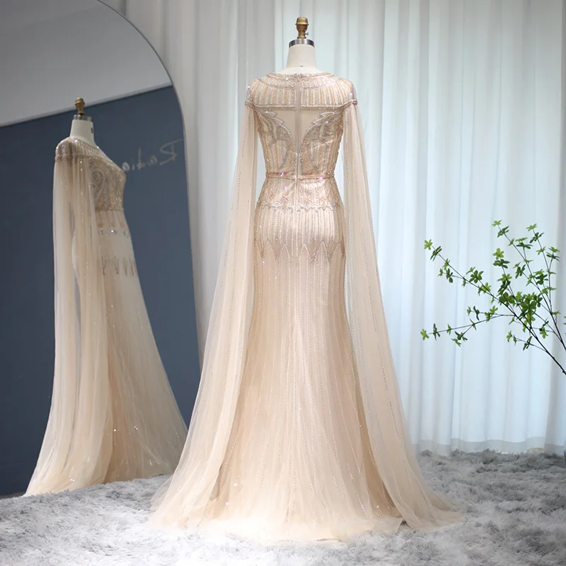 럭셔리 골드 머메이드 두바이 이브닝 드레스 케이프 슬리브 아랍어 핑크 플러스 사이즈 정장 파티 드레스 여성용, 웨딩 재고 있음 S204