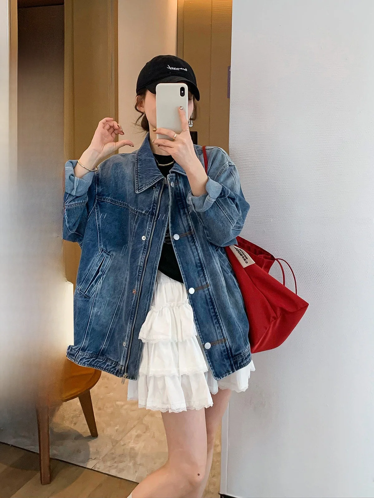 

Love Devil Fi Blue Waed Denim Jaet Women's Loose Fit Mid-Length Slimming Top Spring 2026 Commute Sle Zipper Decorated...