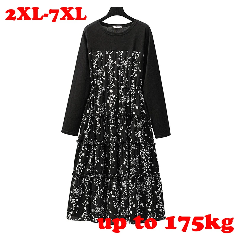 

2021 Autumn New 6xl 7xl Plus Size Women Clohting 80-175kg Long Sleeve O-neck Floral Printed Women Casual Dress Loose Big Vestido