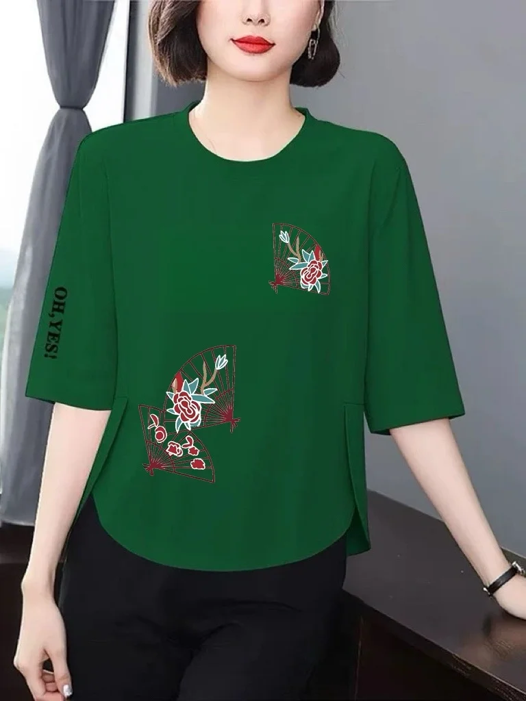 

Elegant Mommy Floral Print T-Shirt Women's Loose Slimming Meat Covering Age Reduction Versatile Mid-aged Top Casual round Nec...