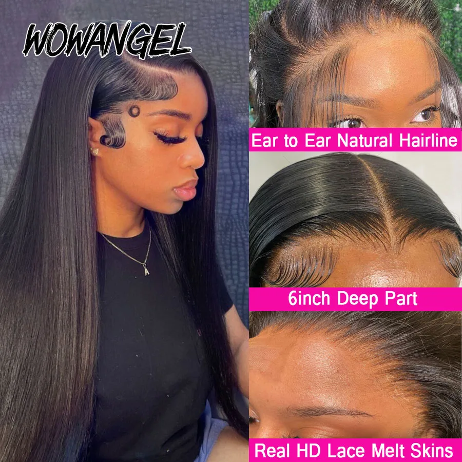 WOWANGEL Jet Black 13X6 HD Lace Frontal Wig Invisible HD Lace Melt Skin Silk Straight  Lace Front Wig Human Hair Wig Deep Part