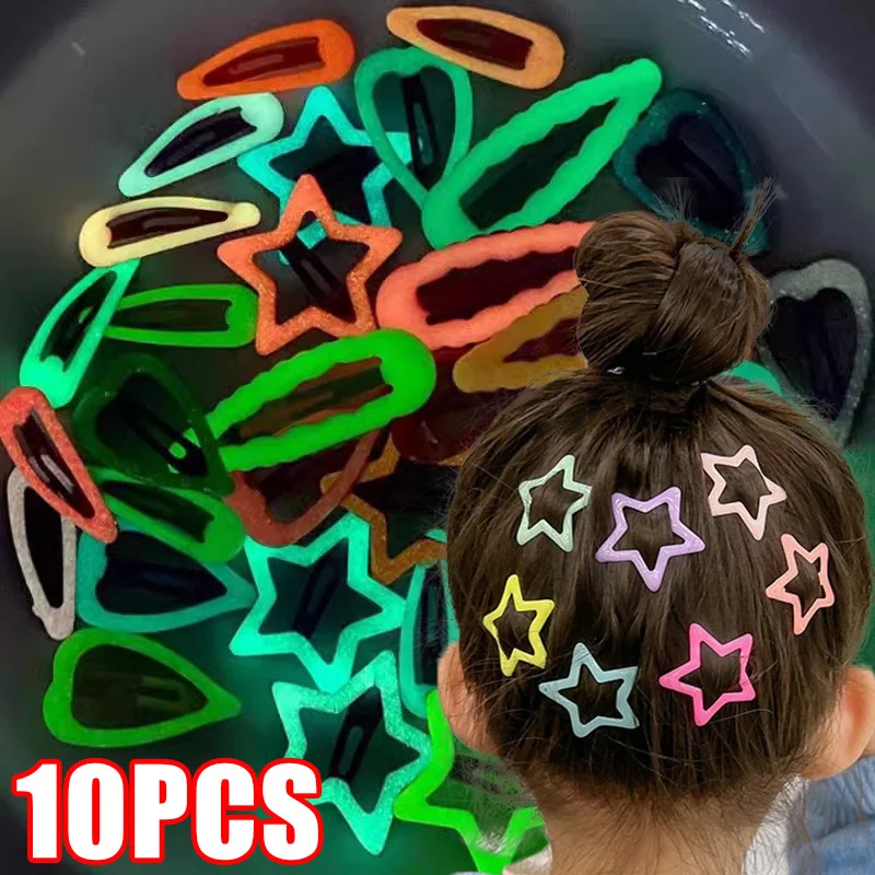 10pcs Y2K Luminous Hair Clips Girls Cute Colorful Glow In Dark Star Heart Hairpin BB Snap Hairclip Barrette Headwear Accessories