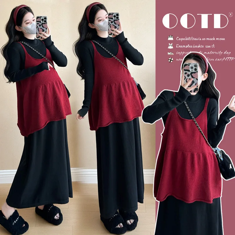 マタニティ服-秋と冬の新しい韓国版クリスマスベストトップ-ソフトワックス状ボトムドレスセット