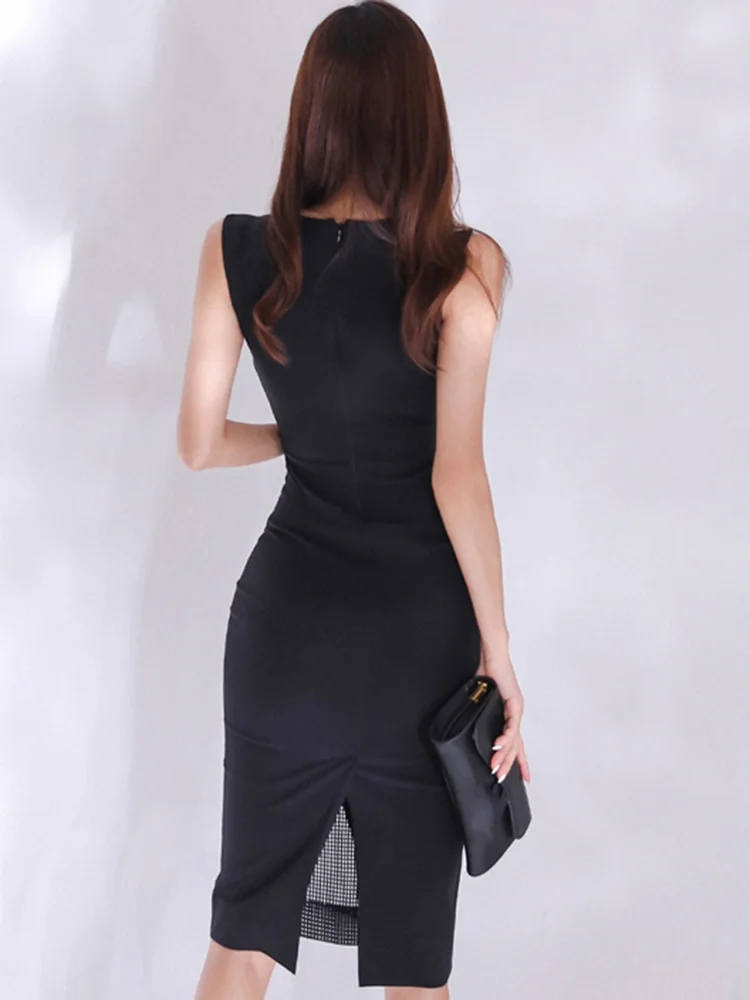 Elegant Party Dress Summer Korean Style Simple Black High Waist Sexy Perspective Lace Panel Sleeveless Sheath Dress