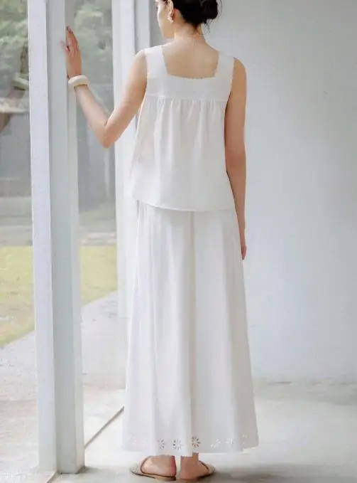 Summer Elegant Square Neck Hollowed Out Floral Vest and Straight Skirt Set for Women, Elegant Solid Color Casual 2-Piece Set