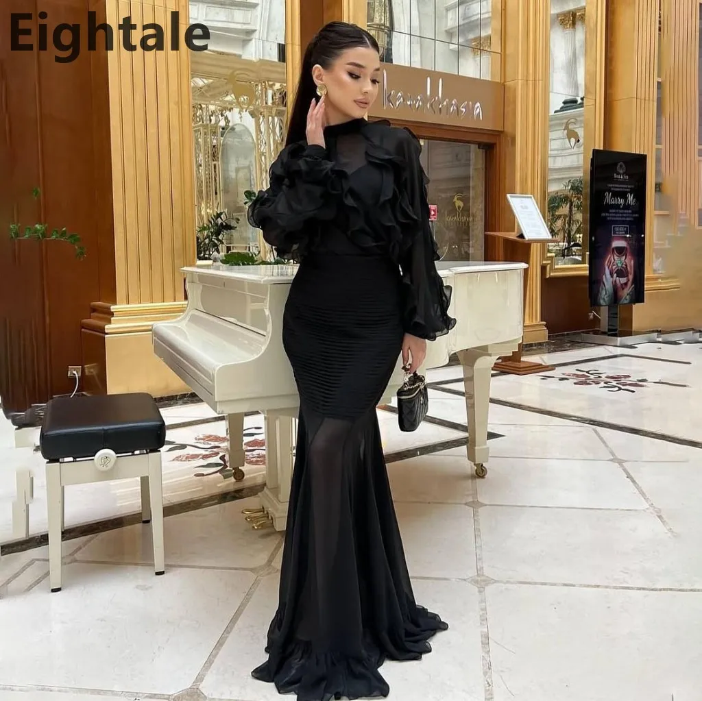 

Eightale 2025 Black Mermaid Chiffon Long Sleeve Maxi Evening Dress Saudi Arabic Prom Dress Dubai Party Gown Customized