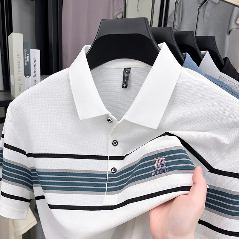 

High end trendy brand short sleeve polo shirt men's classic striped summer comfortable breathable T-shirt letter embossed top