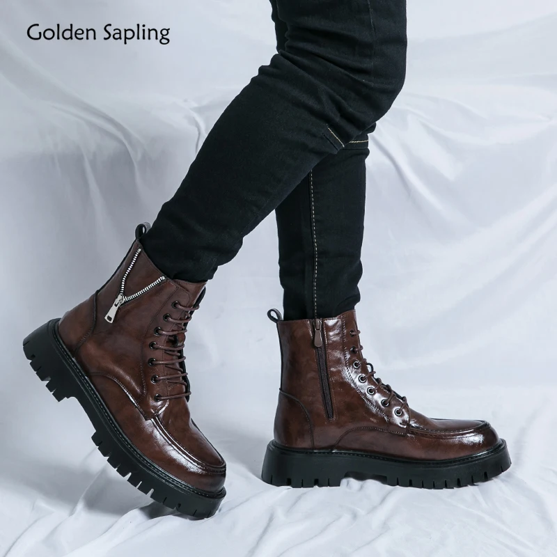 

Golden Sapling Fashion Men's Boots Comfortable Leather Shoes Casual Business Platform Shoe Leisure Ankle Boot for Men Retro Flat