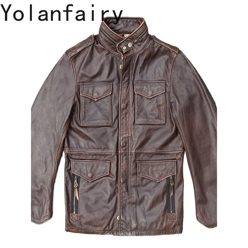 YOLANFAIRY Genuine Cow Leather Jacket Multi-Pocket Hunting Leather Jacket Bangladesh Distressed Cowhide Vintage Real Leather