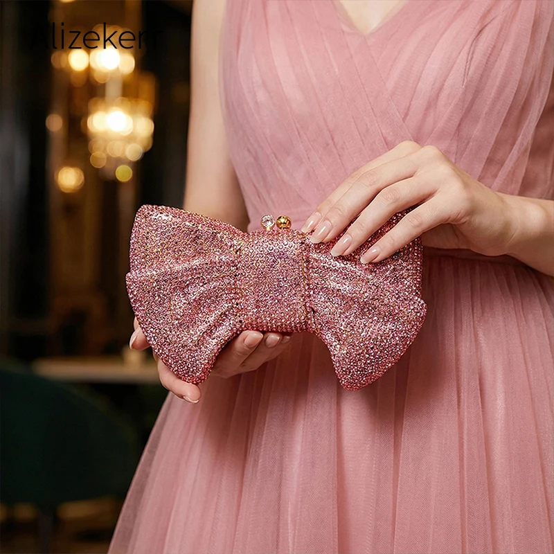 

Alizekerr вечерние сумки с бантом и кристаллами, женские стильные сверкающие бриллиантовые металлические клатчи, кошельки и сумки высокого качества для свадебной вечеринки