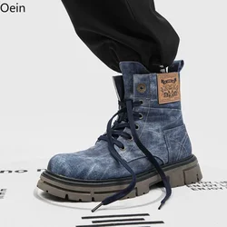 Mens Round Toe Denim Jeans Ankle Boots Platform Oxfords Lace Up Retro Shoes Punk Motorcycle Vintage New 2024