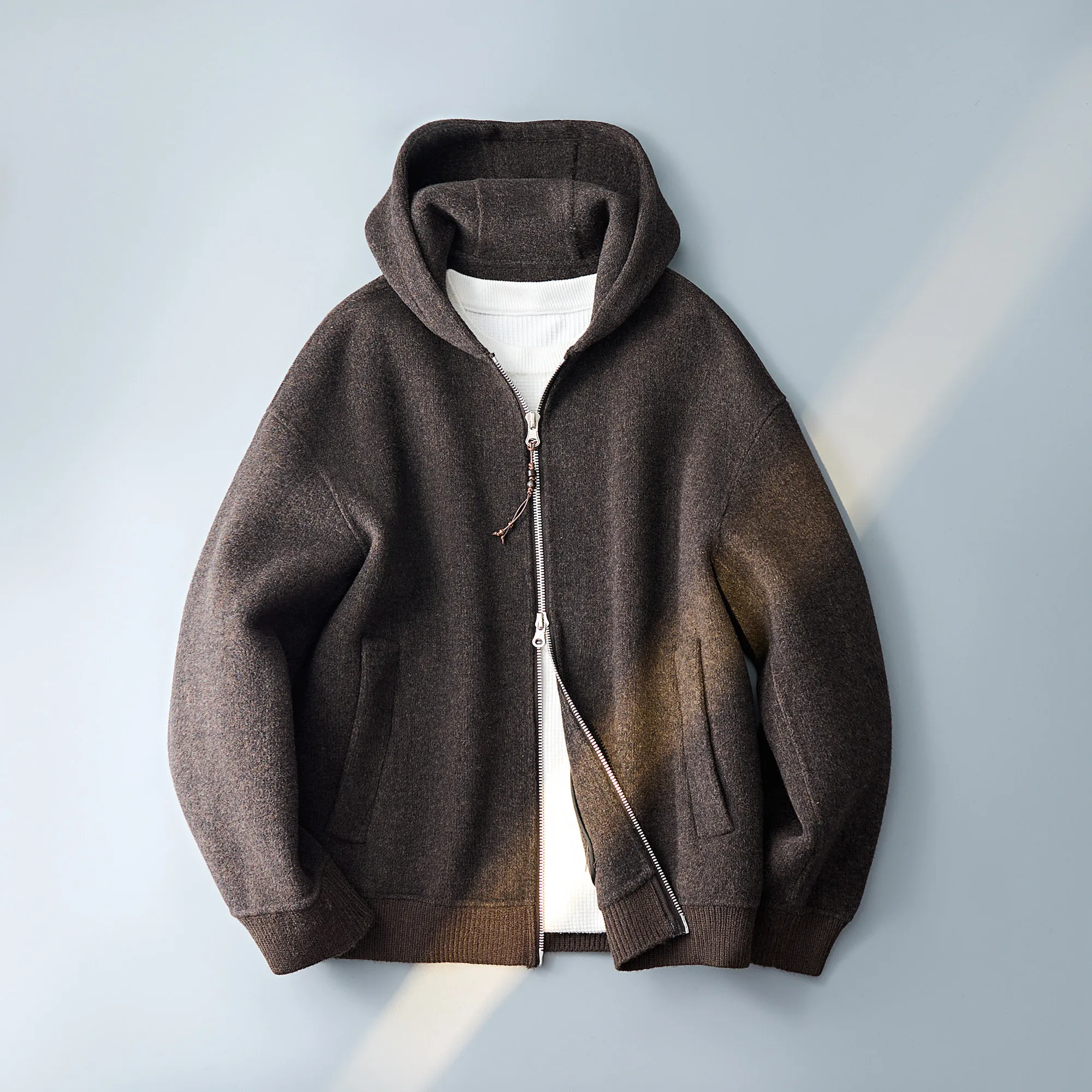 Men Casual Double‑Sided Wool Blend Zip‑Up Hooded Jacket Autumn Winter Loose Fit Rib Cuff Pocket Warm Male Street Daily Outerwear