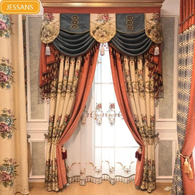 

Curtains for Living Dining Room Bedroom European Chenille Luxury Splicing Jacquard Luxurious Gauze Curtain