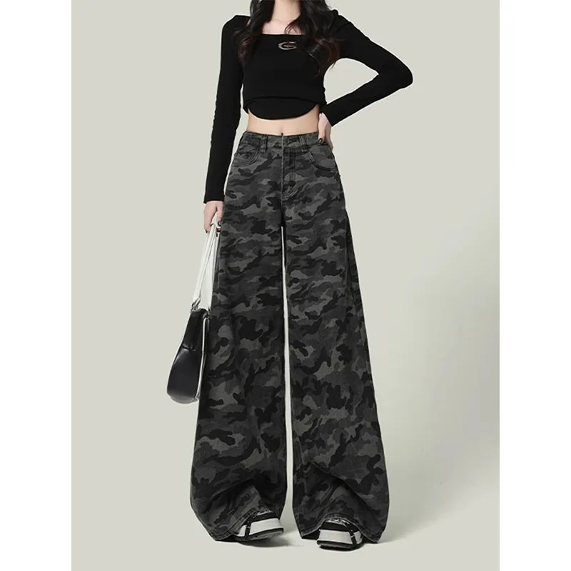 

Retro Fashion High Street Workwear Camouflage Wide Leg Jeans Women's Spring Vintage High Waist Loose Slim Straight Pants