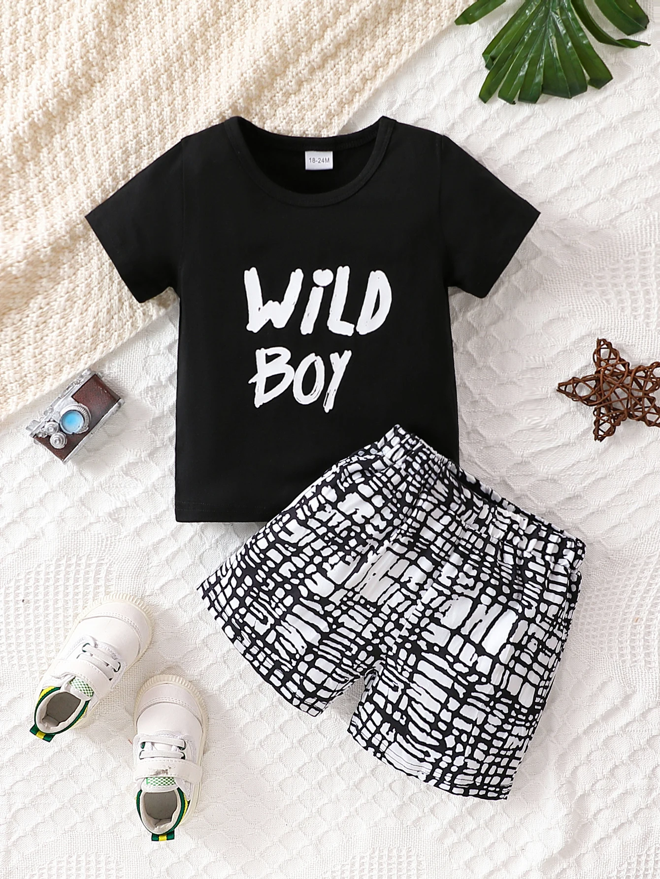 

Summer Toddler Boy 2-Piece Outfit Cool Stylish Black Letter Print Short-Sleeve Tee Black White Plaid Shorts Soft Cotton Loose