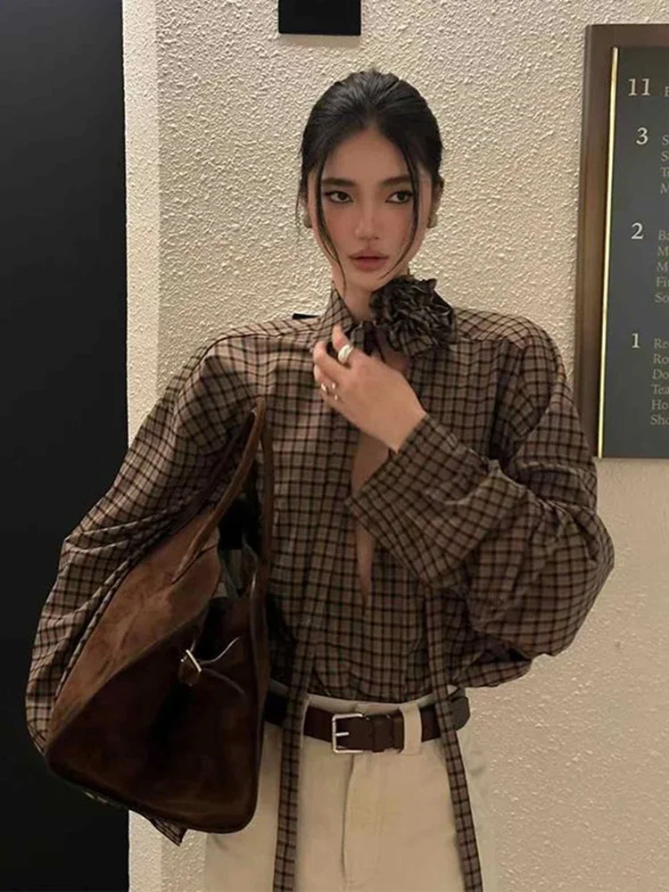 Jmprs-camisas a cuadros Y2K caladas para mujer, ropa de calle Vintage, blusa con cordones florales en 3D, Top informal holgado gótico de manga larga americano