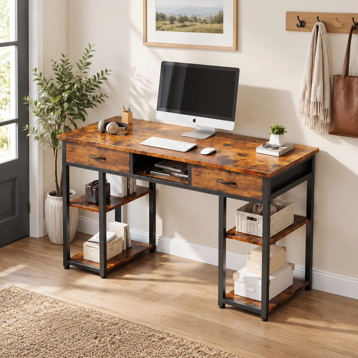48 Inch Computer Desk with 2 Fabric Drawer Storage Shelf Gaming Writing Table, Rustic Brown