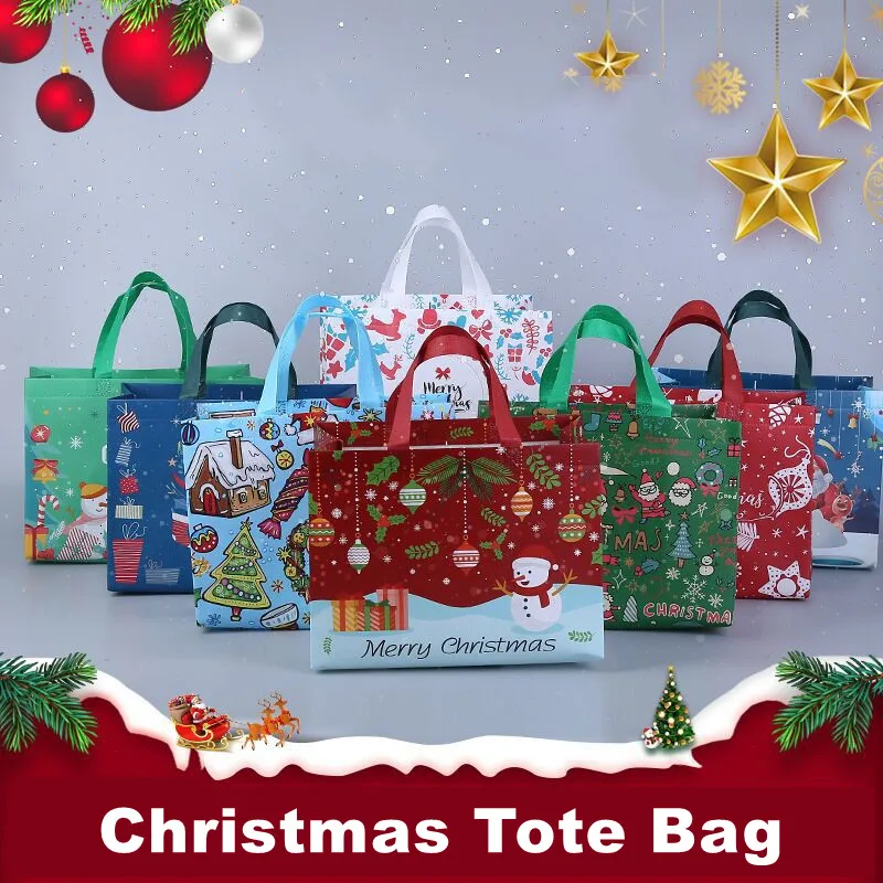 Christmas Gift Bag Waterproof Non-Woven Fabric Packaging Bag Cartoon Santa Claus Snowman Handbag Folding Storage Bag Party Favor