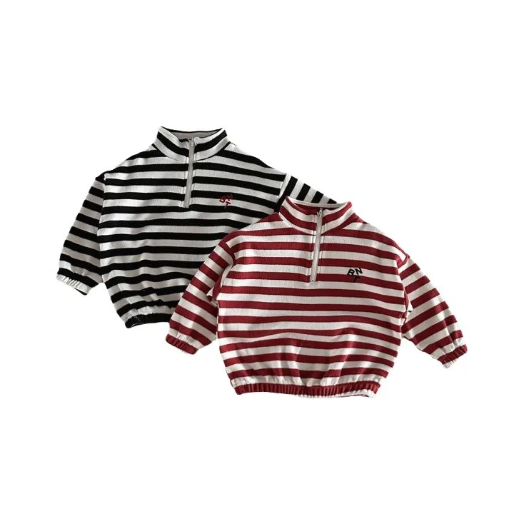 2024 Spring New Children Long Sleeve Casual Tops Baby Boy Girl Vintage Striped Sweatshirt Toddler Stand Collar Loose Pullover