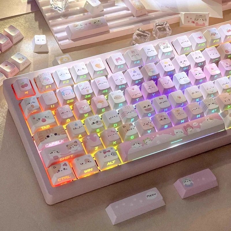 Cat Meow Team Keycaps Custom PBT Cherry Profile Keycap Side Carving Transparent Mechanical Keyboard Tri-mode RGB Hot-swap Gasket