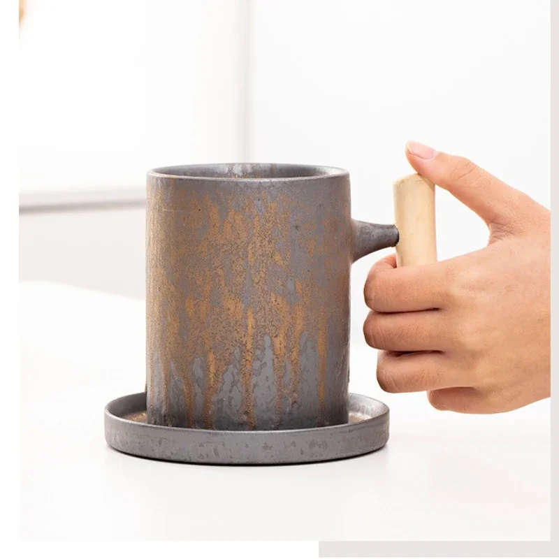 Japanese Vintage Crude Ceramic Tea Mug Big Capacity 600ml 550ml Coffee Cup Water Mugs with a Wood handle Home Office Drinkware