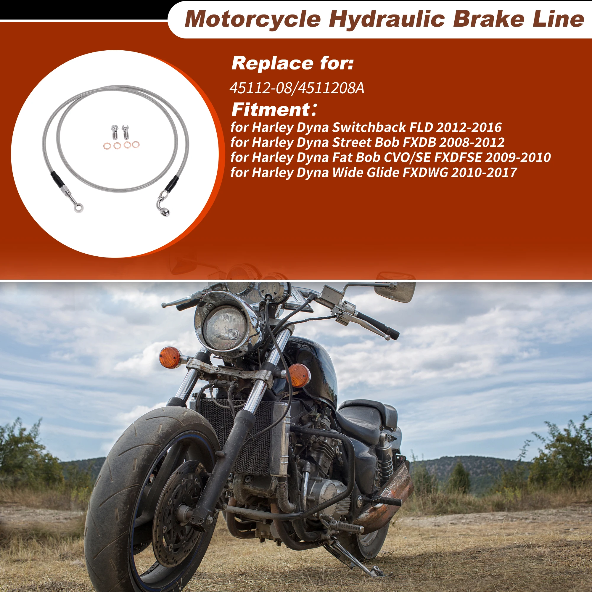 

Комплект гидравлических передних тормозных магистралей Motoforti 56 дюймов для Harley Dyna No 45112-08, серебристый тон