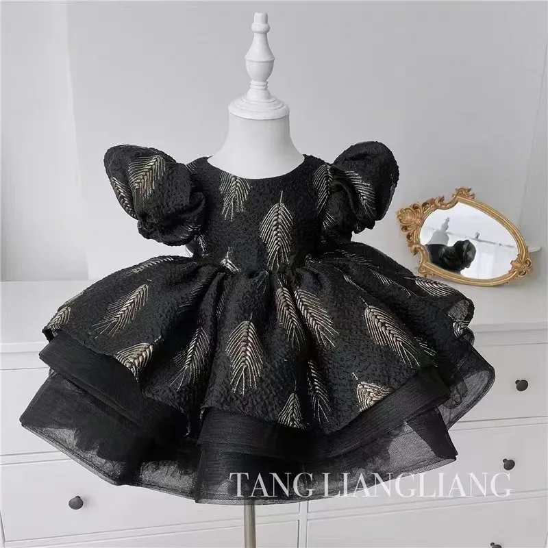 Vestito da principessa per ragazze coreano bambino nero manica a sbuffo gonna irregolare senza schienale bambini primavera