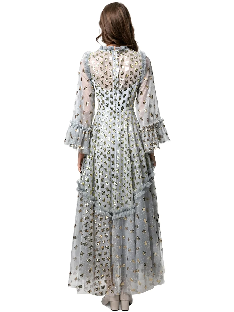 DLDENGHAN 女性の O ネックフレアスリーブスパンコール刺繍ヴィンテージボールガウンドレスファッション夏新