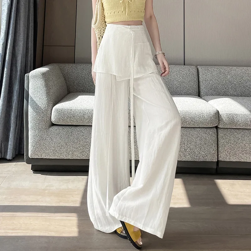 Ice Silk Hemp High Belt Fart Curtain Wide-Leg Pants Women'S Summer New Casual Cooler Mopping Long Pants Solid Loose Cotton Linen