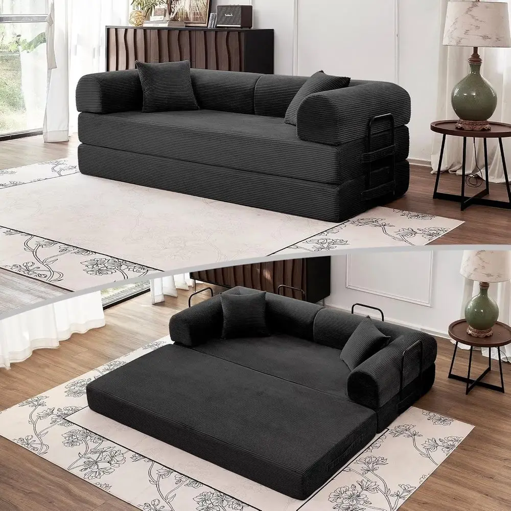 

79 Inch Convertible Sofa Bed, 5-in-1 Multifunction Couch, Pull Out Floor Sleeper, Versatile Lounge Sofa or Living Room Bed, Blac