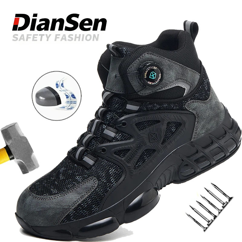 男性用作業安全靴-スチールトゥシューズ-耐衝撃産業用靴-通気性保護靴-回転ボタン-ケブラー生地