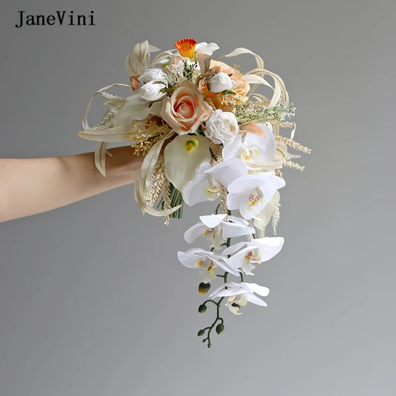 

JaneVini White Butterfly Orchid Waterfall Wedding Bouquets Handmade Champagne Roses Cascading Bouquet Accessories for Bride 2023