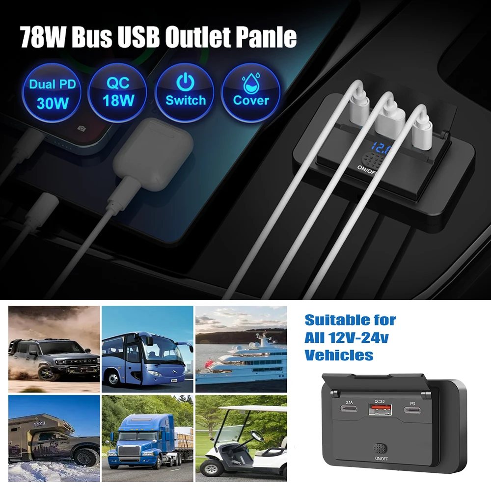 3 Ports 12V/24V USB Outlet Wall Mount QC3.0+PD Type-C Panel with LED Voltmeter & Switch Waterproof for Boat RV Car Bus