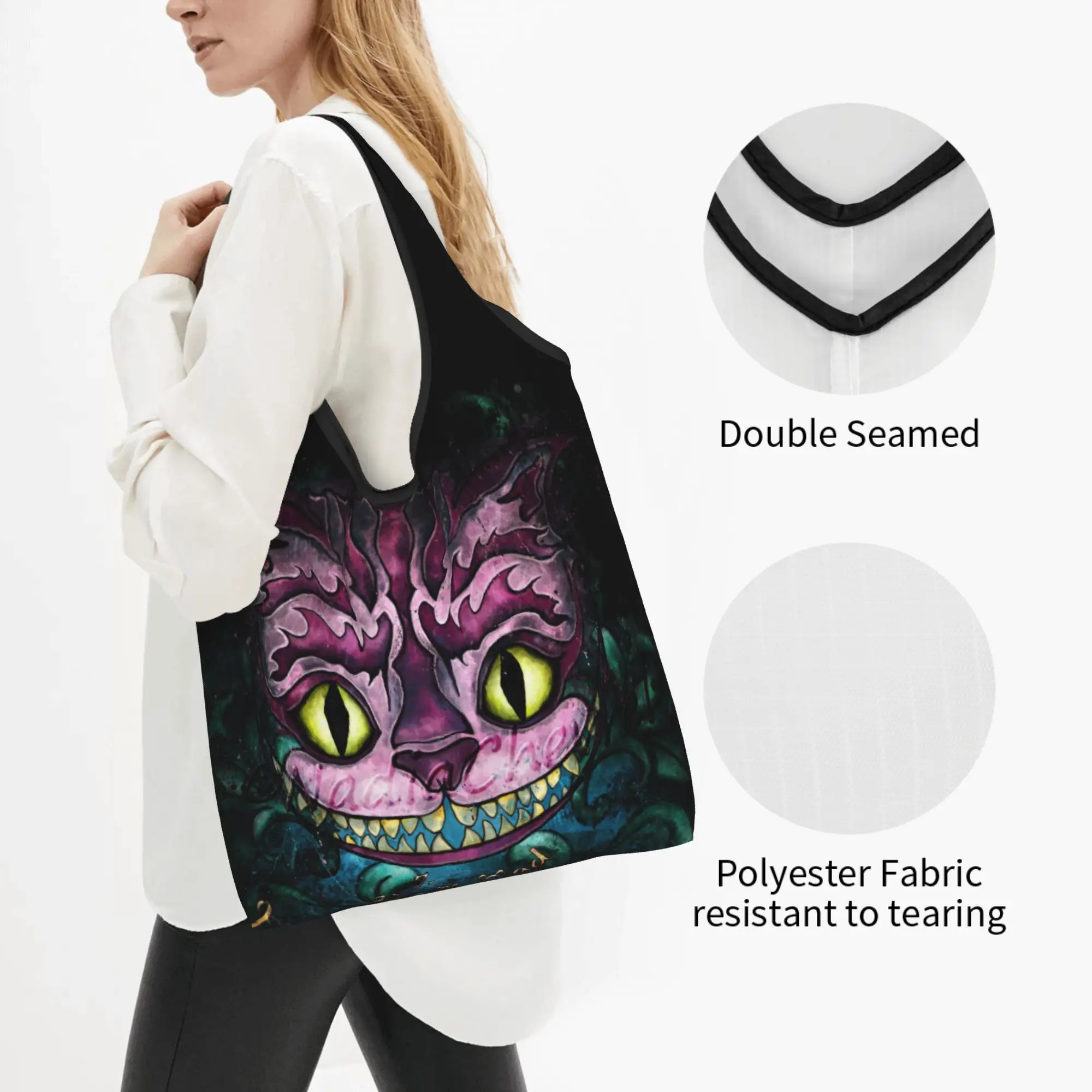 Custom Cute Cartoon Cheshires Anime Cat Shopping Tote Bags Portable  Groceries Shopper Shoulder Bag view 2