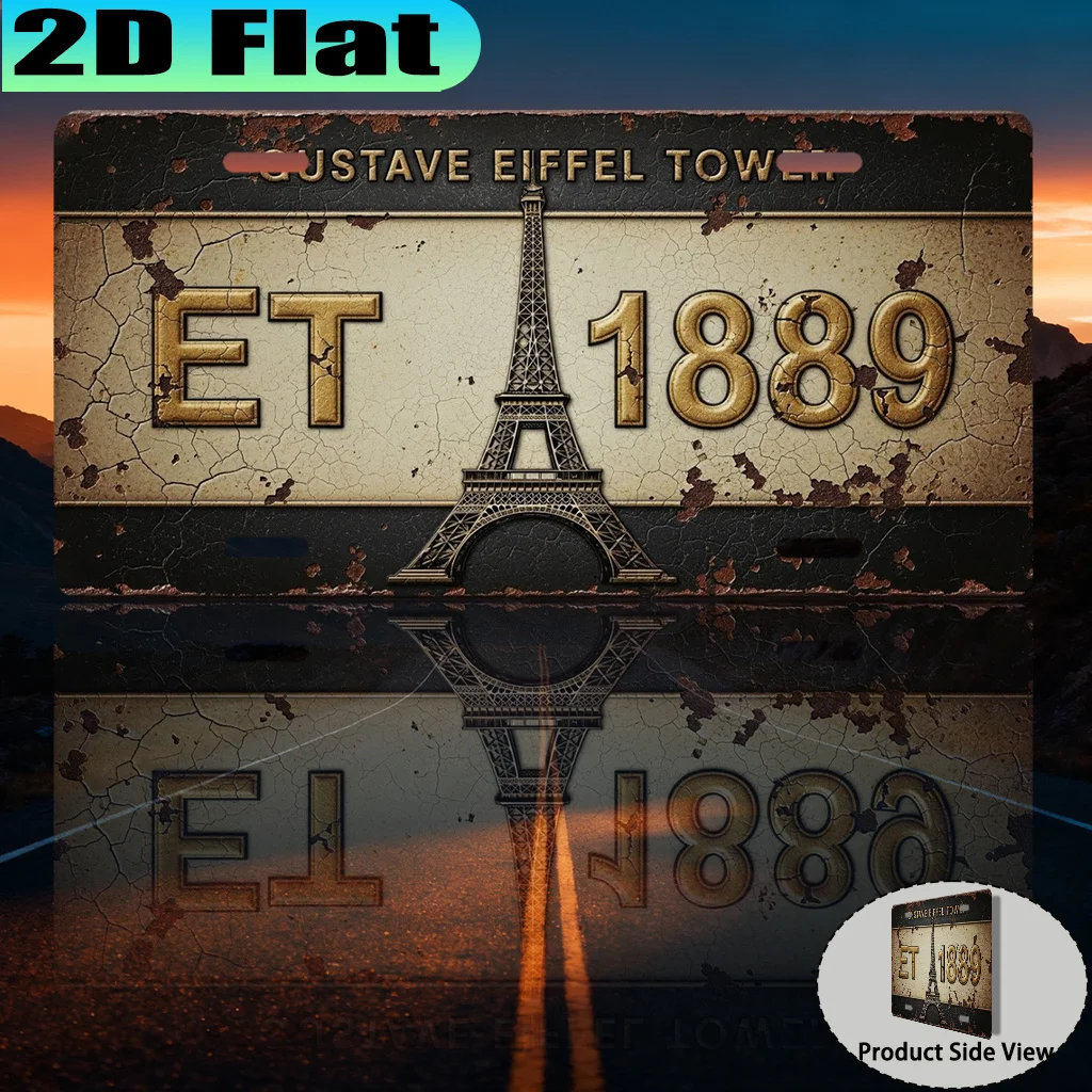 2D Flat - A Vintage Aluminum Sign Featuring The Eiffel Tower, Retro Urban Style, a Gift for Travel Enthusiasts, Souvenir Gift