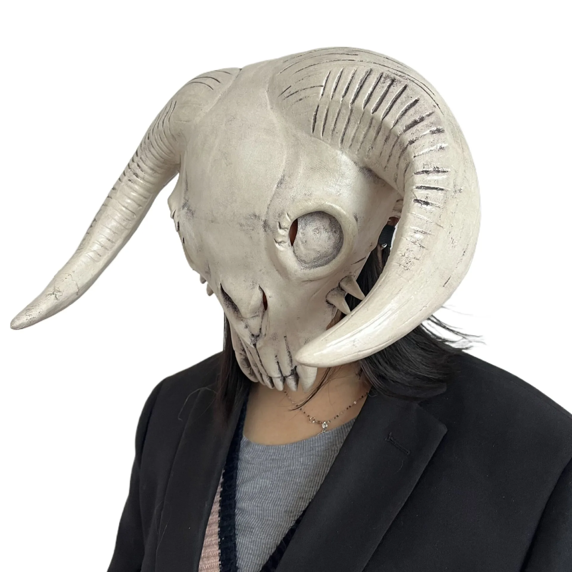 Ziegenschädelmaske mit großen, geschwungenen Hörnern, Latex-Tierknochenmaske, Halloween-Cosplay-Kostüm-Kopfmaske für Partys und Verkleidungen. – Detail 2