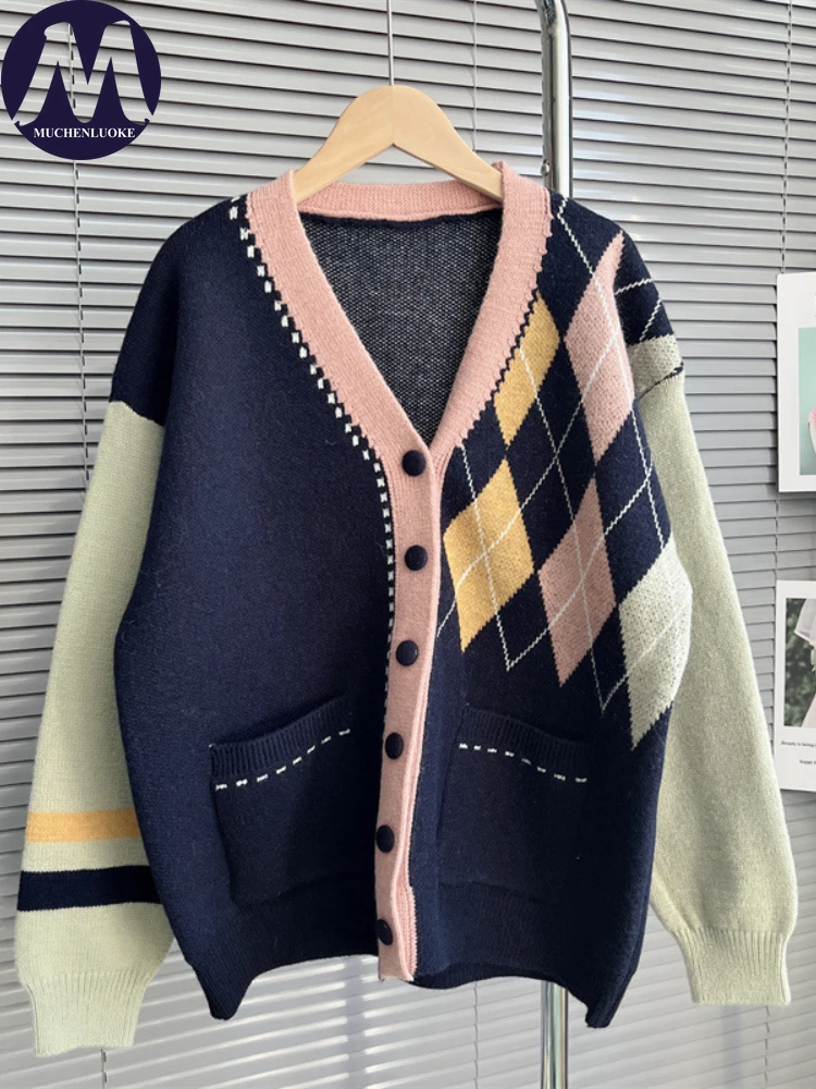 Women's Retro Color Block V-Neck Knitted Sweaters, Loose Cardigan, Casual Coats, Autumn and Winter Clothing, New Fashion