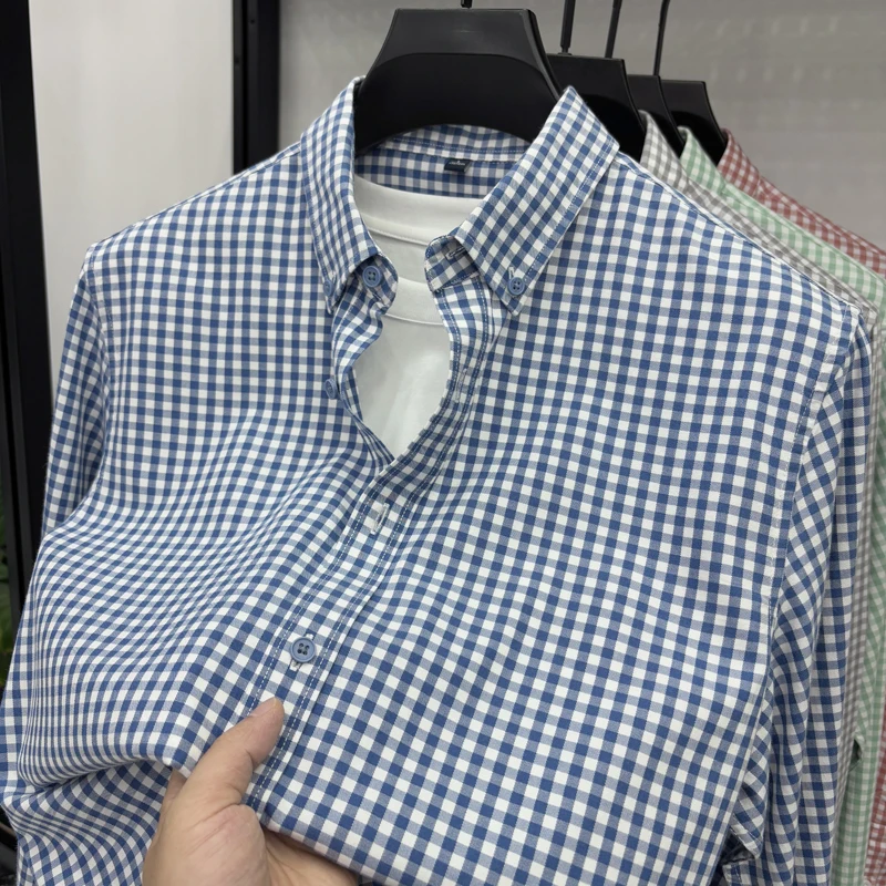 

2025 New High End Men's Long Sleeved Shirt Silk Cotton Plaid Shirt Casual Men's Fashion Versatile Top Trend