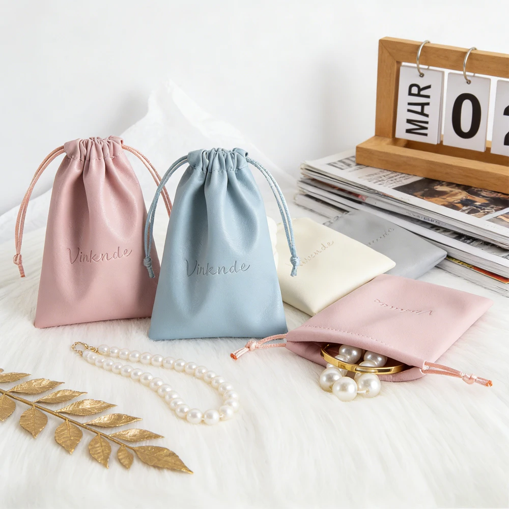 

PU Leather Jewelry Drawstring Bag Personalized Logo Ring Watch Bracelet Pendant Organizer Display Storage Memorial Party Pocket