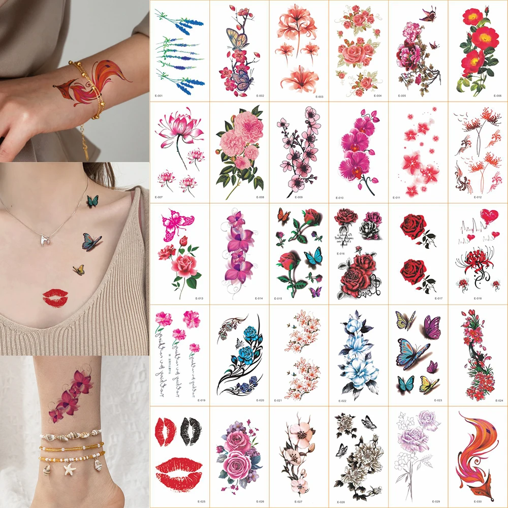 

30 шт. водостойкая поддельная татуировка с цветком для женщин и мужчин, временные татуировки с цветочной розой и бабочкой для декора тела на руку