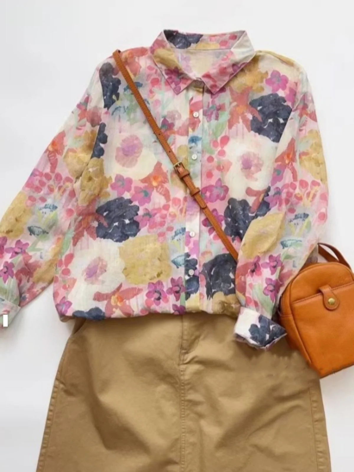 

Женская блузка Gentle Wind Flax для ранней осени, свободного кроя, с длинным рукавом, с принтом, из смесового хлопка и льна, на пуговицах