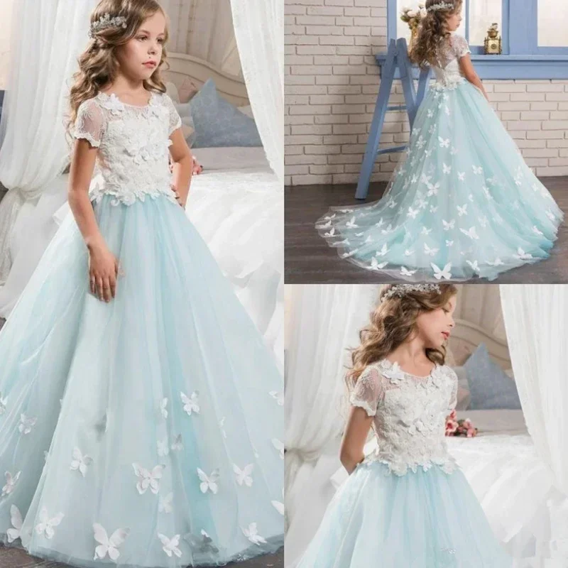 

Formal Light Blue Flower Girl Dress Short Sleeves With Cute Butterfly Sweep Pageant Party First Communion Gowns