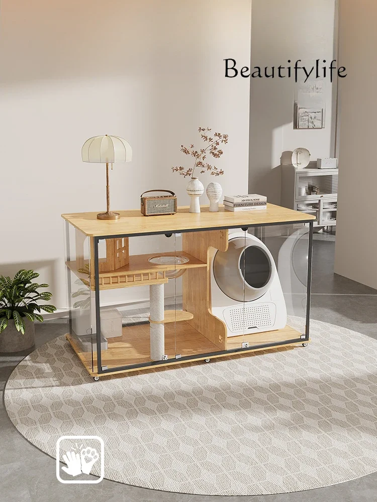 

Panoramic cat villa horizontal fully transparent glass cat cabinet solid wood human shared cabinet cat cage