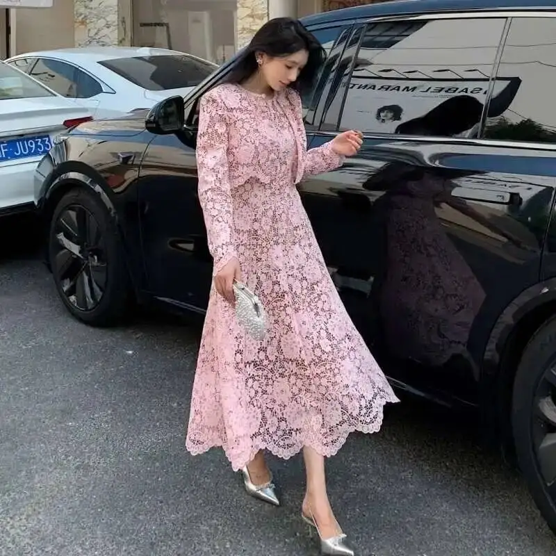 Ensemble de robe deux pièces en dentelle perlée pour femmes, vestes pour femmes, manteau précieux, robes mi-longues, robes de soirée de Rh, qualité, été, automne