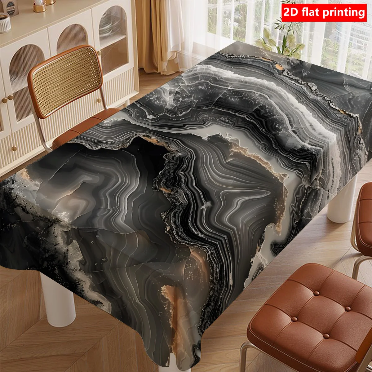 2D flat printing, 1pc luxurious black and gray line tablecloth, durable polyester tablecloth, black and gray gradient texture