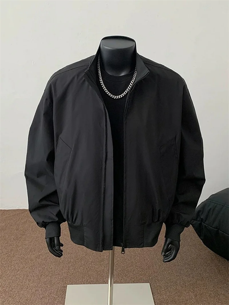 American Style Pilot Jacket Men's Short Collar Baseball Shirt Black Workwear Coat Loose Fit Polyester Nylon Composite Fiber